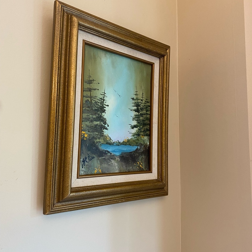 Oil Serene Landscape Framed Art in Gold and Green vintage 9x12”